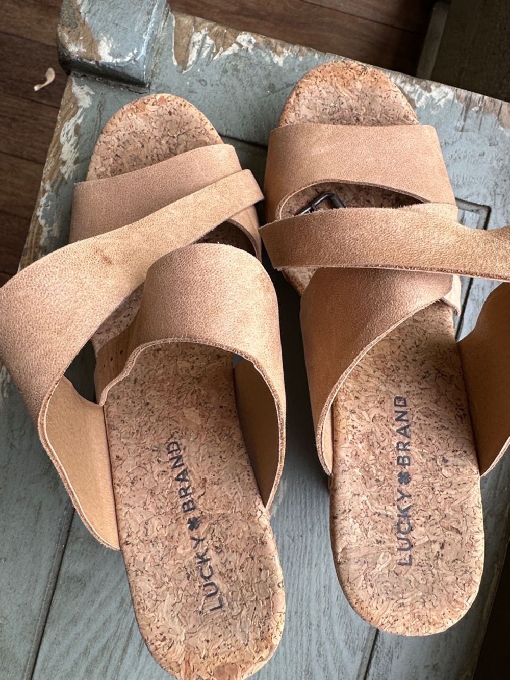 Lucky Brand Tan Suede Cork sandals.  Ankle wrap